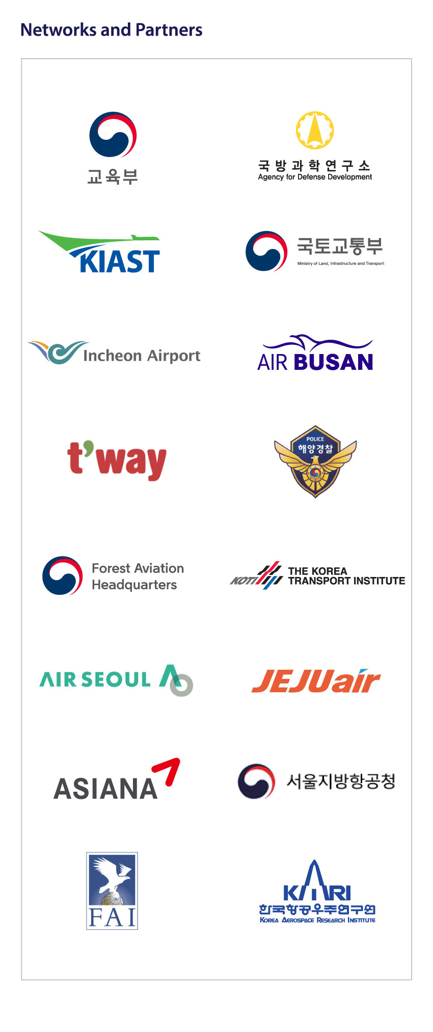 Networks and Partners
												교육부
												국 방 과 학 연구 소 Agency for Defense Development
												Ministry of Education
												국토교통부
												KIAST
												Ministry of Land, Infrastructure and Transport
												Korea Institute Of Aviation Safety Technology
												Incheon Airport
												Incheon Airport
												AIR BUSAN
												POLICE 해양경찰
												No
												tway
												tway
												Korea Coast Guard
												Forest Aviation Headquarters
												THE KOREA TRANSPORT INSTITUTE
												AIR SEOUL
												JEJUair
												ASIANA
												서울지방항공청
												Seoul Regional Office of Aviation
												KITRI 한국항공우주연구의
												FAI
												KOREA AEROSPACE RESEARCH INSTITUTE