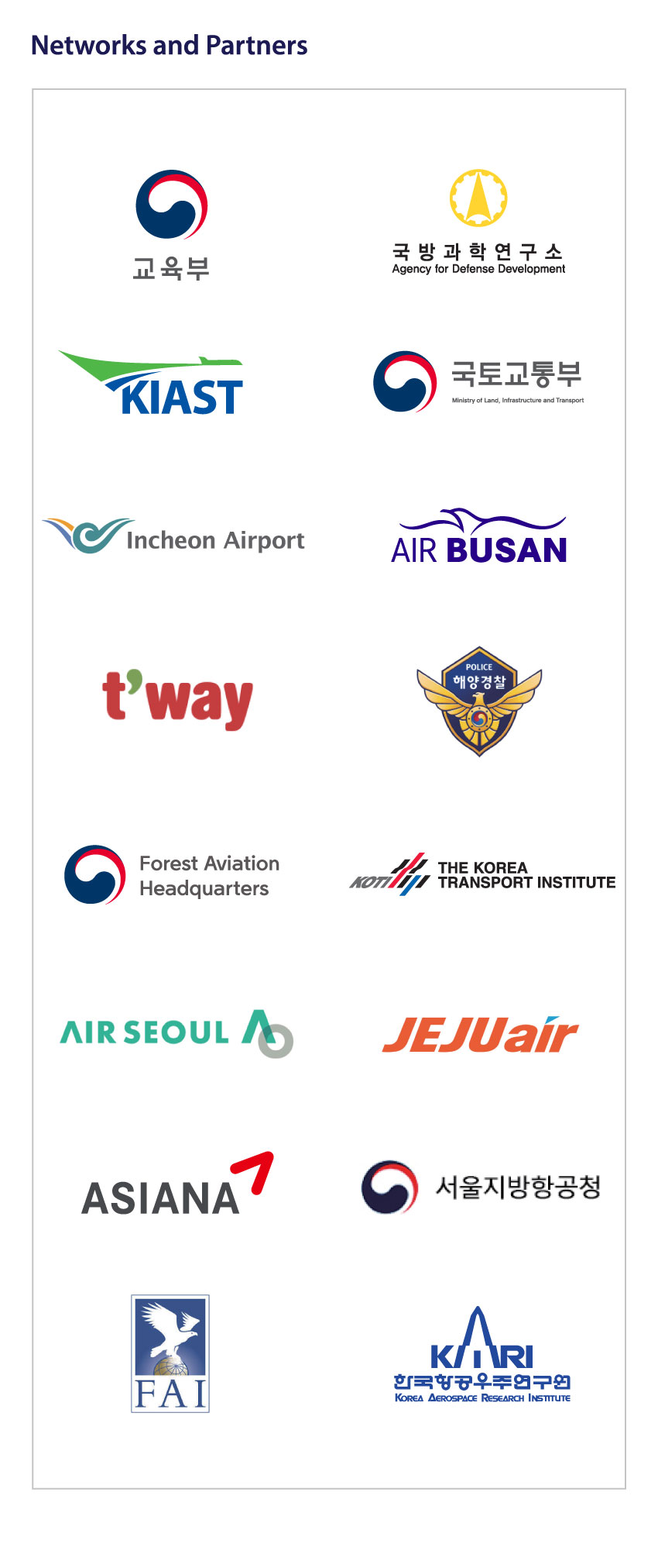 Networks and Partners
												교육부
												국 방 과 학 연구 소 Agency for Defense Development
												Ministry of Education
												국토교통부
												KIAST
												Ministry of Land, Infrastructure and Transport
												Korea Institute Of Aviation Safety Technology
												Incheon Airport
												Incheon Airport
												AIR BUSAN
												POLICE 해양경찰
												No
												tway
												tway
												Korea Coast Guard
												Forest Aviation Headquarters
												THE KOREA TRANSPORT INSTITUTE
												AIR SEOUL
												JEJUair
												ASIANA
												서울지방항공청
												Seoul Regional Office of Aviation
												KITRI 한국항공우주연구의
												FAI
												KOREA AEROSPACE RESEARCH INSTITUTE