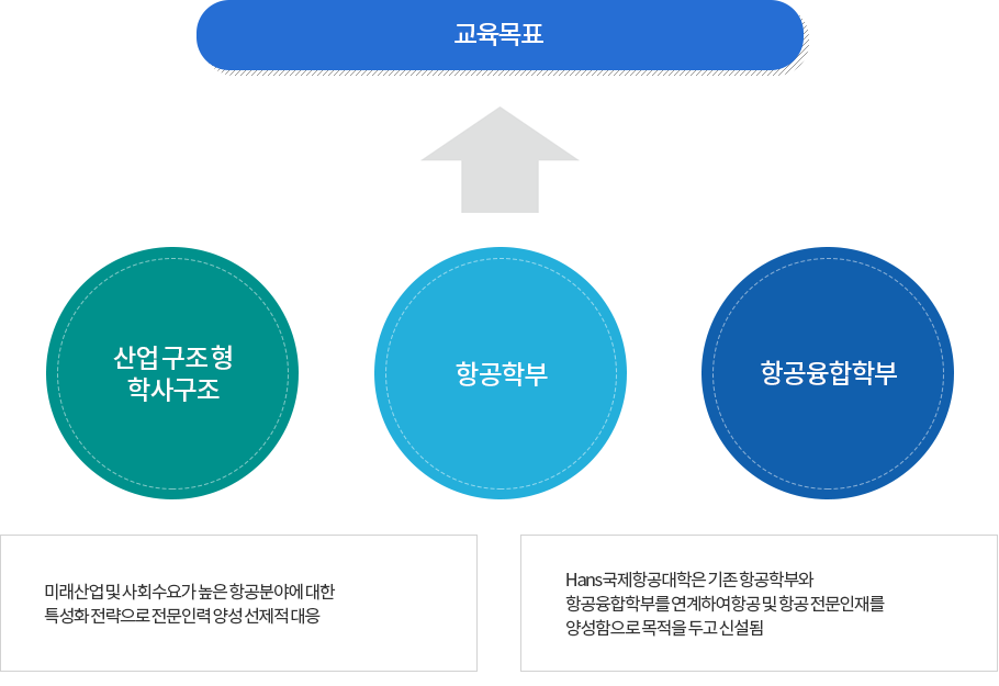 교육목표
산업구조형 학사구조
항공학부
항공융합학부
미래산업 및 사회수요가 높은 항공분야에 대한 특성화전략으로 전문인력 양성 선제적 대응
Hans 국제항공대학은 기존 항공학부와 항공융합학부를 연계하여항공 및 항공전문인재를 양성함으로 목적을 두고 신설됨
